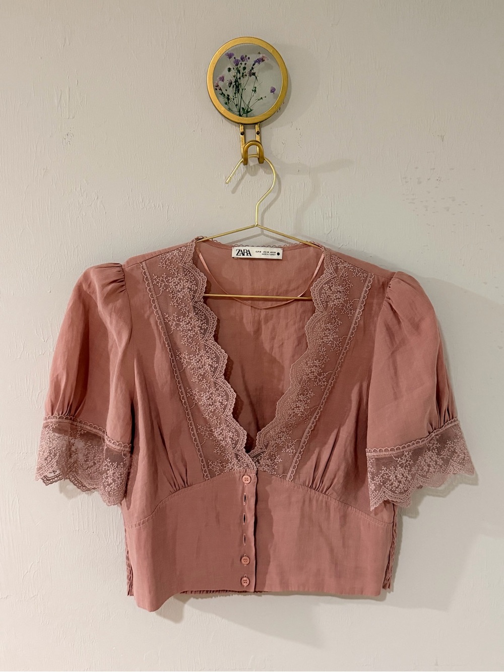 Zara Dusty Rose Lace-Trim Button Front Blouse